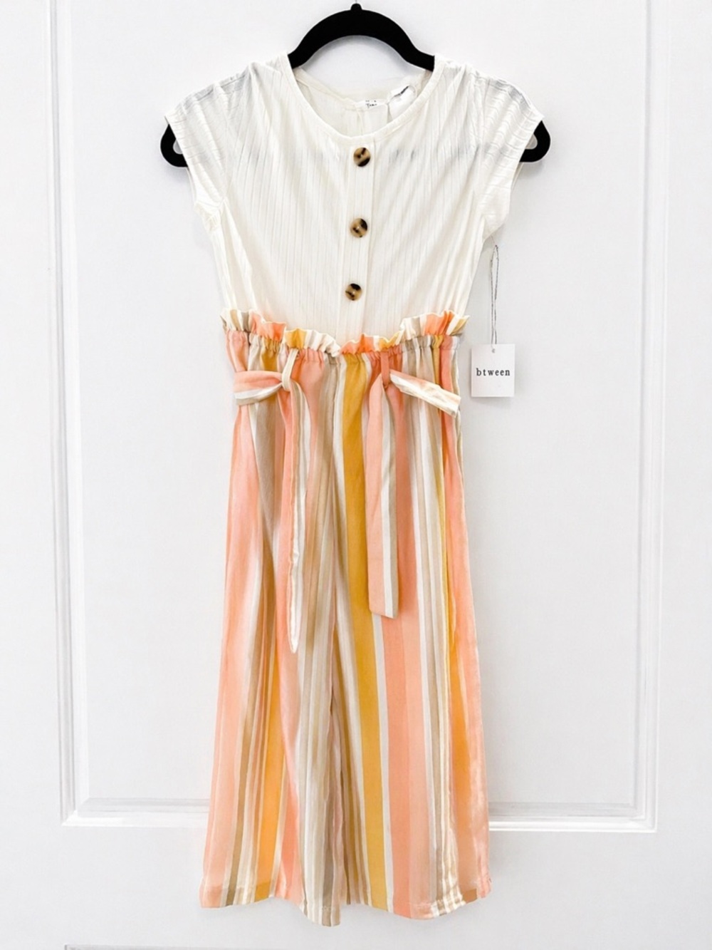 btween White Top Peach Yellow Striped Kids Jumpsuit